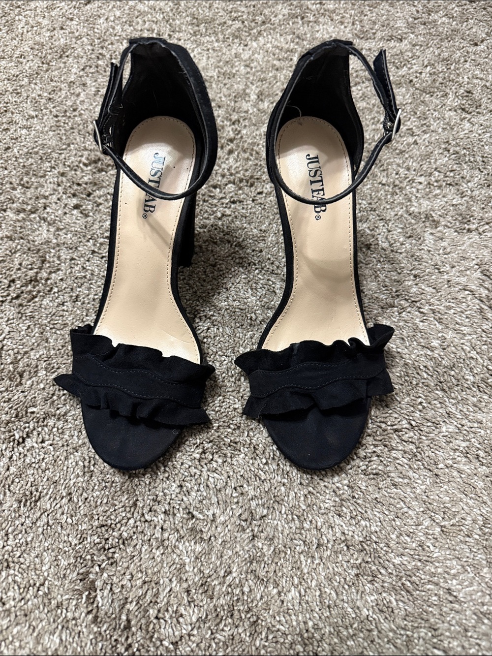 Size 6.5 Black Ruffle Faux Suede High Heeled Sandals